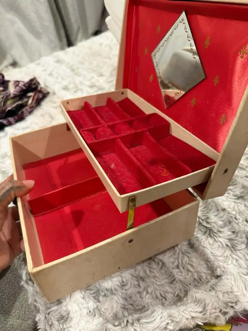 Vintage Mid-Century Jewelry Box with Red Velvet Interior and Mirror